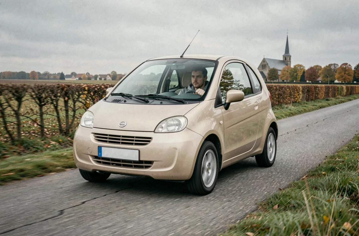 Jeune homme conduisant une voiture sans permis d'occasion sur une route de campagne en Sarthe