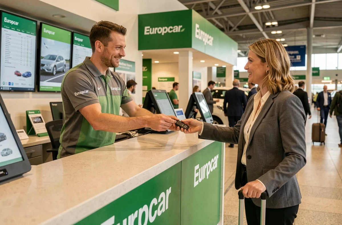 Agent Europcar remettant les clés d'un véhicule à une cliente au comptoir Europcar de Roissy-en-France