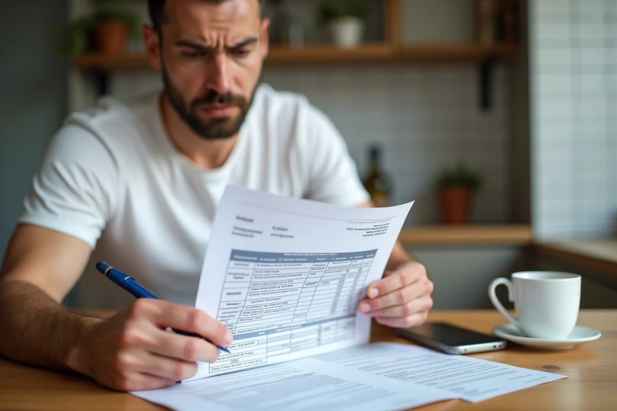 Jeune homme à la maison examinant une facture d'auto-école et une convocation d'examen de permis de conduire, réfléchissant au coût des heures de conduite supplémentaires après un échec