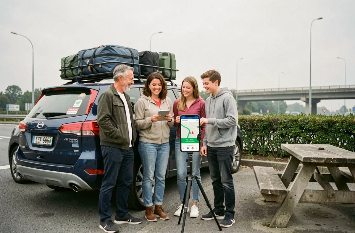 Famille en vacances utilisant une application GPS pour éviter les péages sur l'autoroute en France