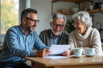 Famille réunie autour de documents d'assurance à la maison