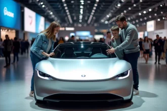 Famille avec deux adolescents admirant une voiture électrique concept au Salon de l'automobile de Paris 2026