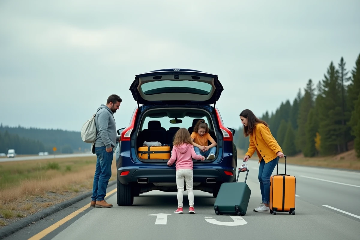 Famille chargeant un SUV familial fiable lors d'un voyage en voiture sur une aire d'autoroute