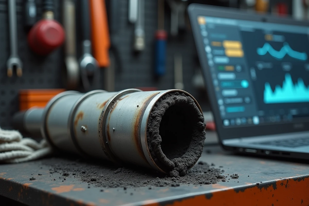 Filtre à particules diesel déposé sur un établi avec outils de diagnostic et logiciel OBD2