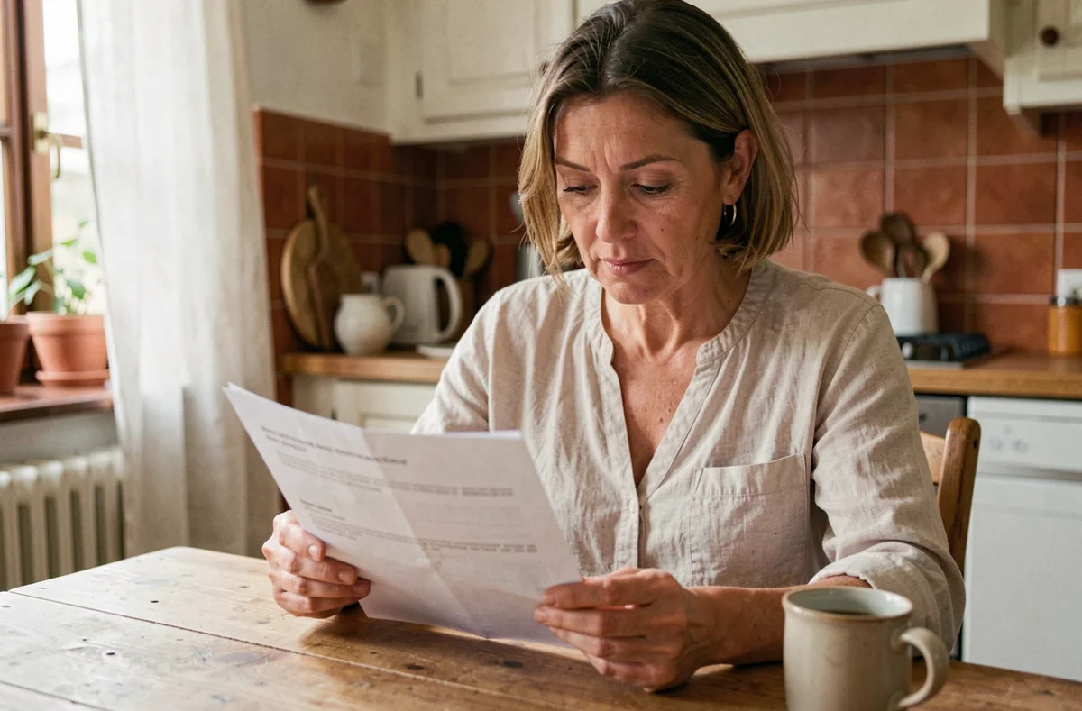 Femme lisant un contrat d'assurance pour voiture sans permis à la maison