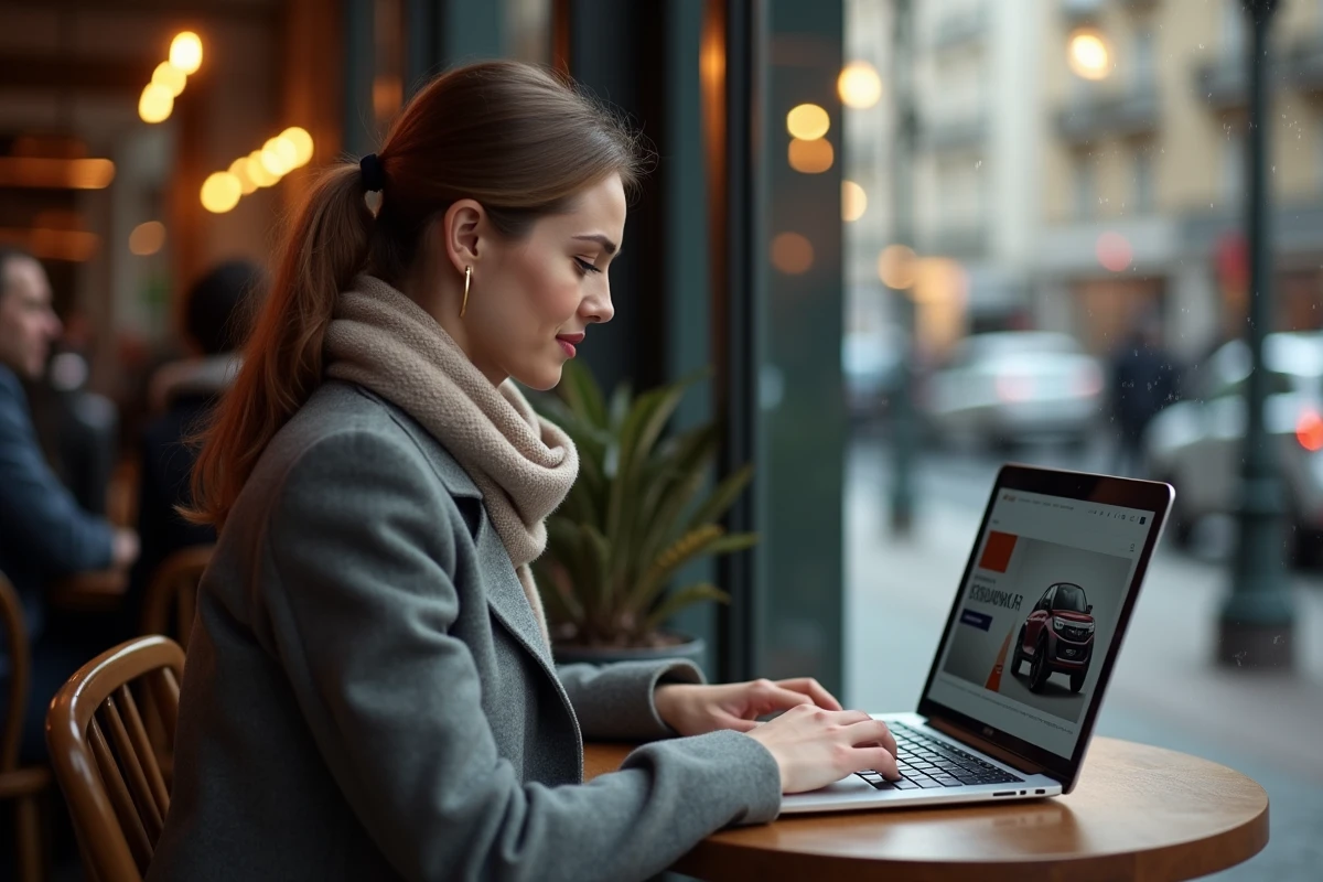Jeune femme lisant un article sur son ordinateur dans un café en ville