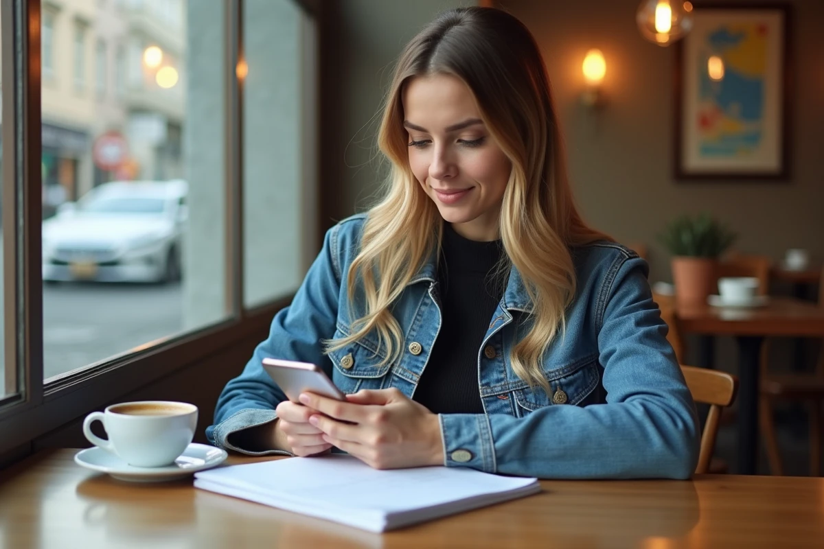 Jeune femme au café utilisant son smartphone avec documents