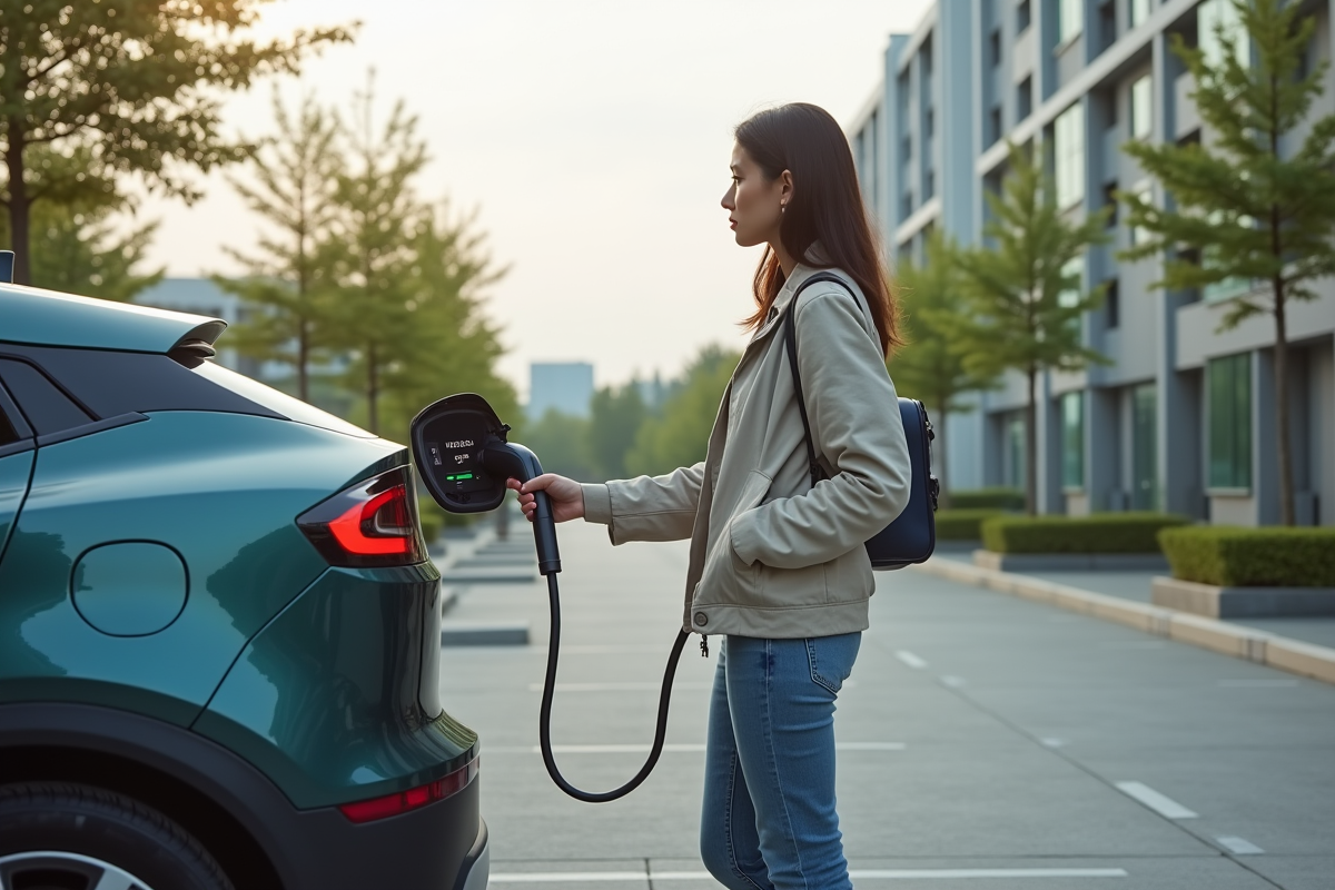 Jeune femme charge une voiture électrique dans un parking urbain