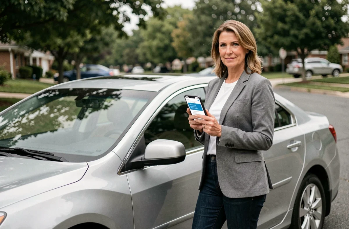 Femme comparant des offres d'assurance auto sur son téléphone portable debout près de sa voiture