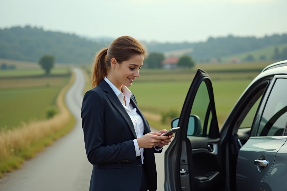Jeune femme en costume sortant d
