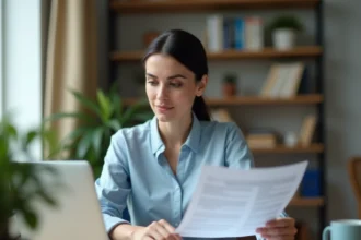 Femme consultant des documents d'assurance auto sur son ordinateur portable pour comparer des devis