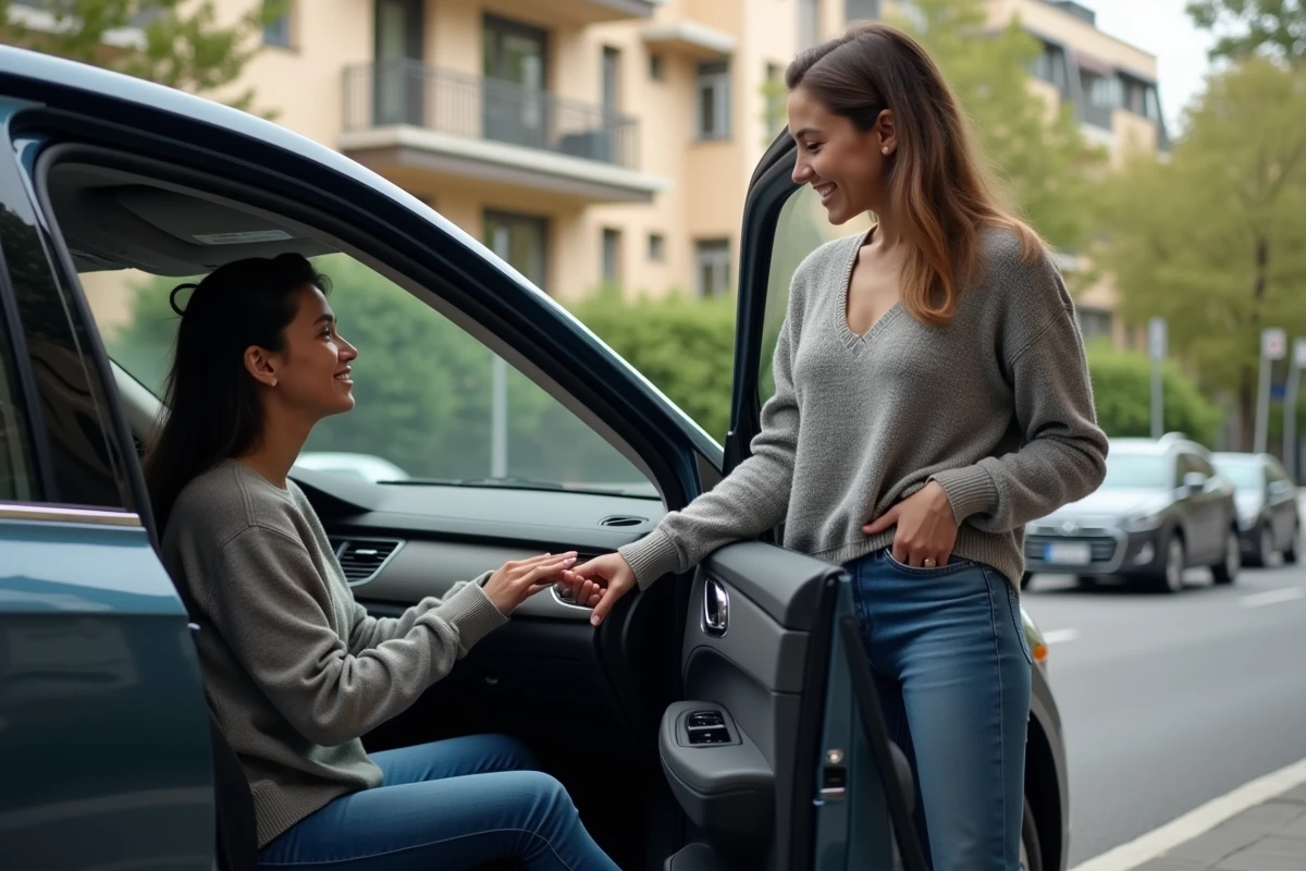 Femme montrant les différences du tableau de bord à une amie