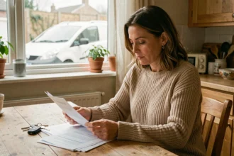 Femme consultant des documents d'assurance auto à domicile avec des clés de voiture sur la table
