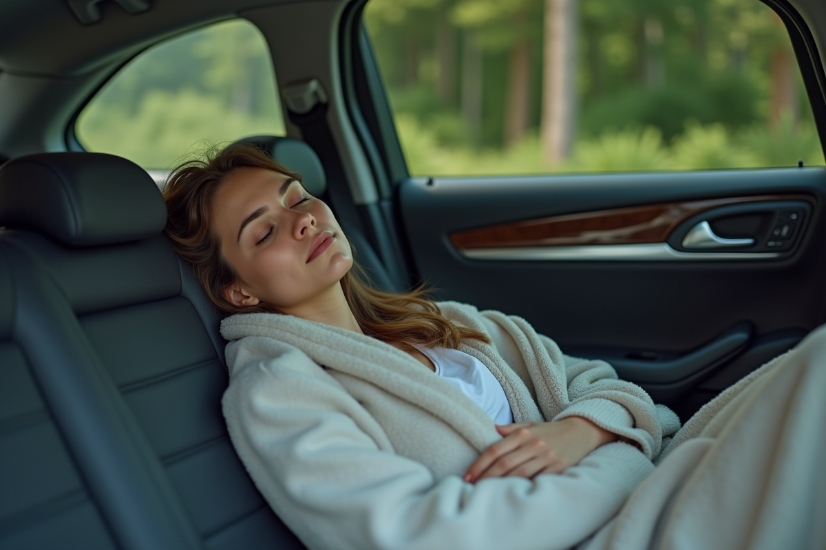 Jeune femme dormant dans une voiture en forêt