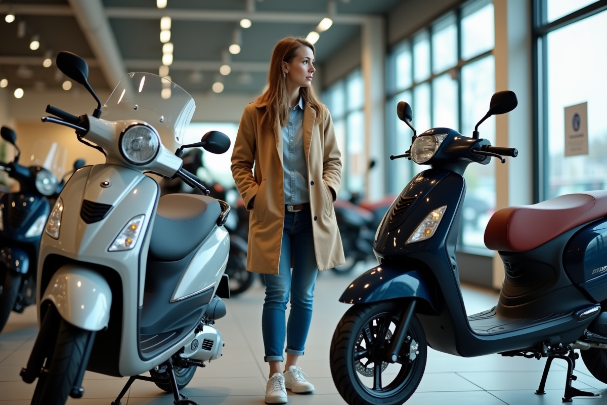 Femme examine deux motos 125cc dans un showroom