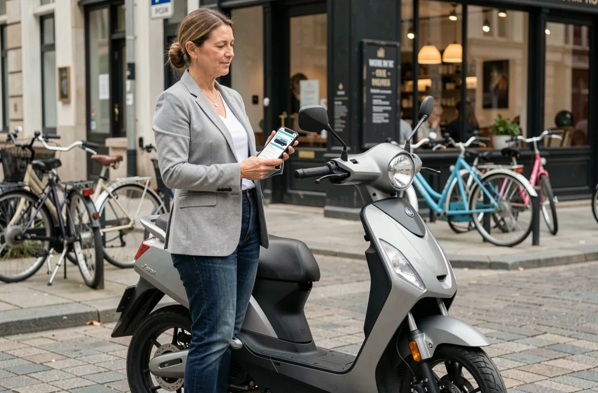 Femme consultant une estimation de scooter en ligne sur smartphone à côté de son scooter en ville