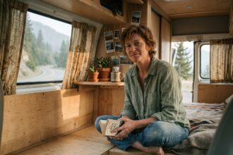 Femme fatiguée assise dans son van aménagé avec un livre, intérieur en contreplaqué de bouleau et rideaux vintage, route de montagne brumeuse en arrière-plan