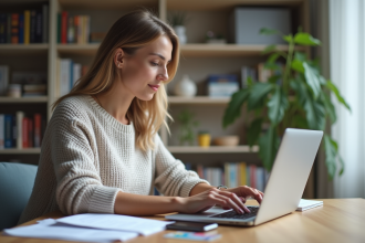 Femme remplissant un formulaire en ligne à domicile