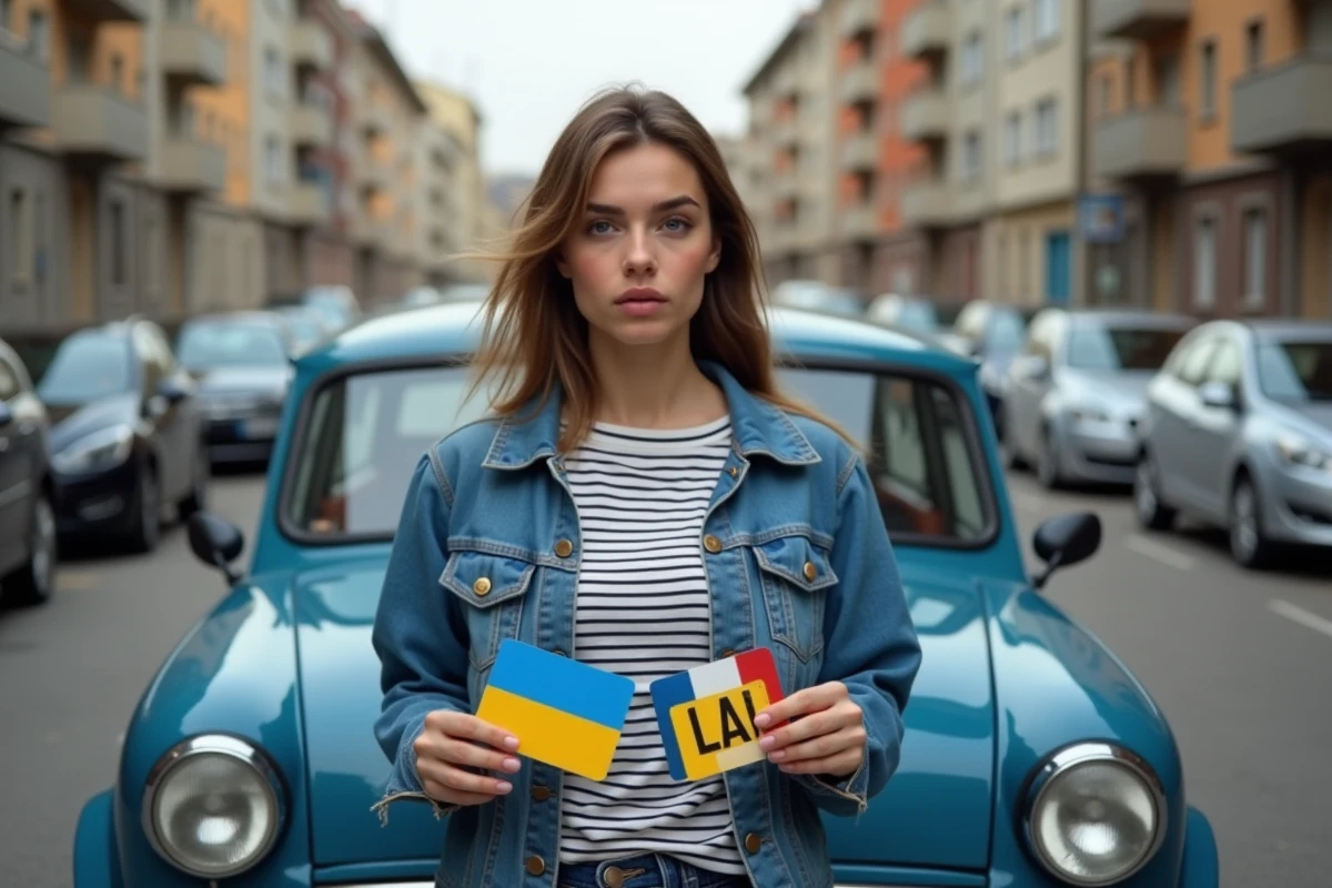 Jeune femme regarde plaques d immatriculation dans la rue