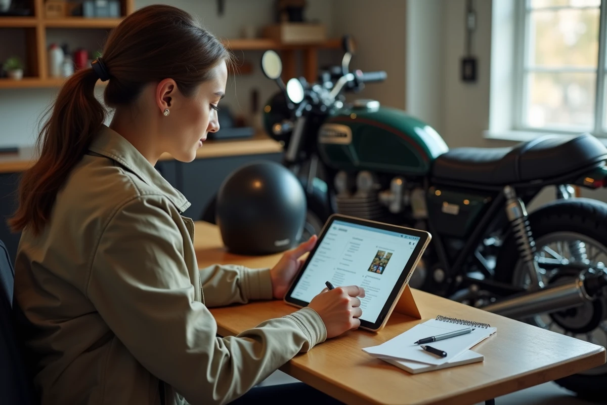 Femme regardant une annonce moto sur sa tablette dans le garage