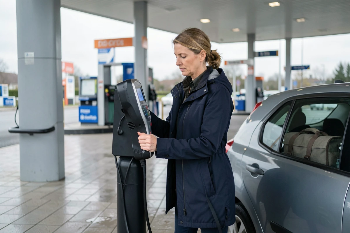 Femme utilisant une borne de gonflage numérique dans une station-service avant un grand départ en voiture