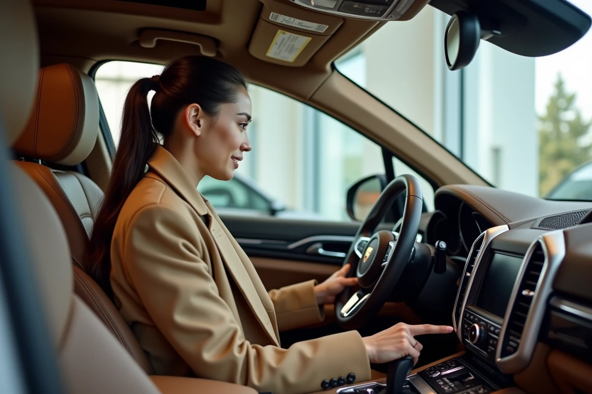 Jeune femme examine l interieur d un Porsche Cayenne