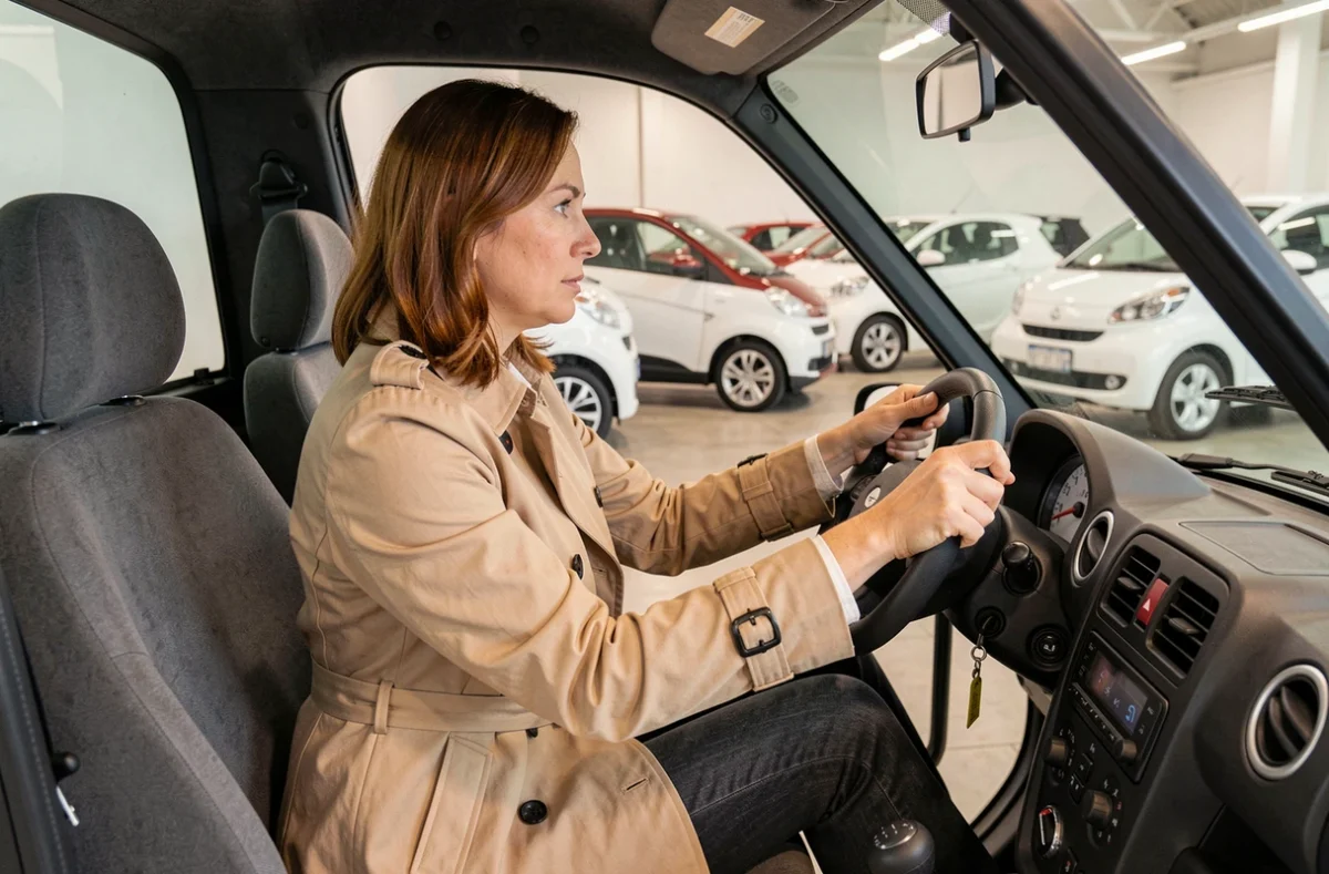 Femme assise dans une voiture sans permis chez un concessionnaire à Brest lors d'un essai avant devis