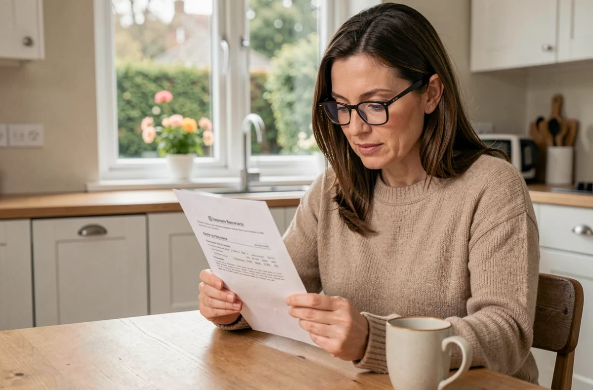 Femme lisant un avis de renouvellement d'assurance auto à la table de sa cuisine