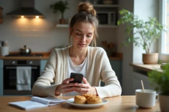 Femme assise à la cuisine lisant une actualité sur son smartphone