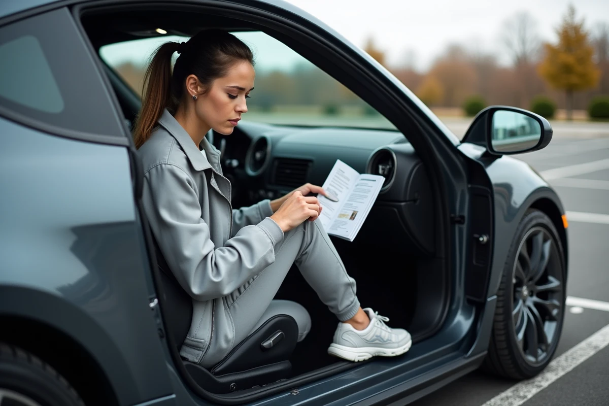Femme lit un manuel dans une voiture en parking