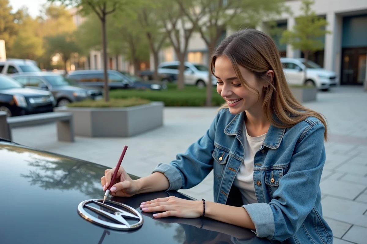 Jeune femme observant un logo de voiture moderne en extérieur