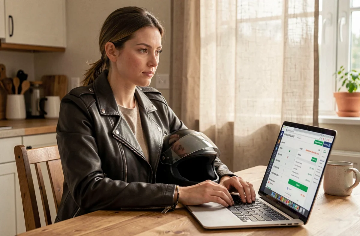 Femme motarde comparant des offres d'assurance moto sur un ordinateur portable à la maison