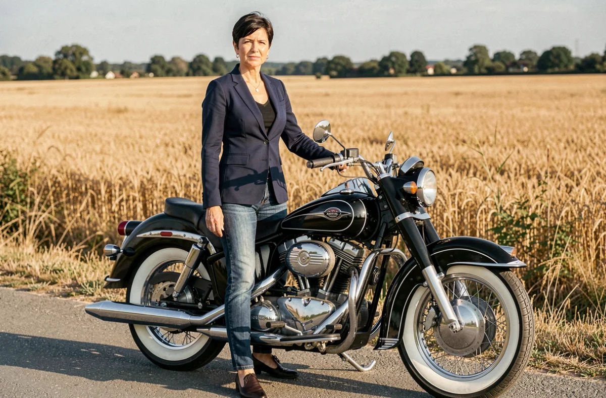 Femme aux côtés d'une moto américaine de collection des années 50 sur une route rurale bordée de champs dorés, composition portrait environnemental