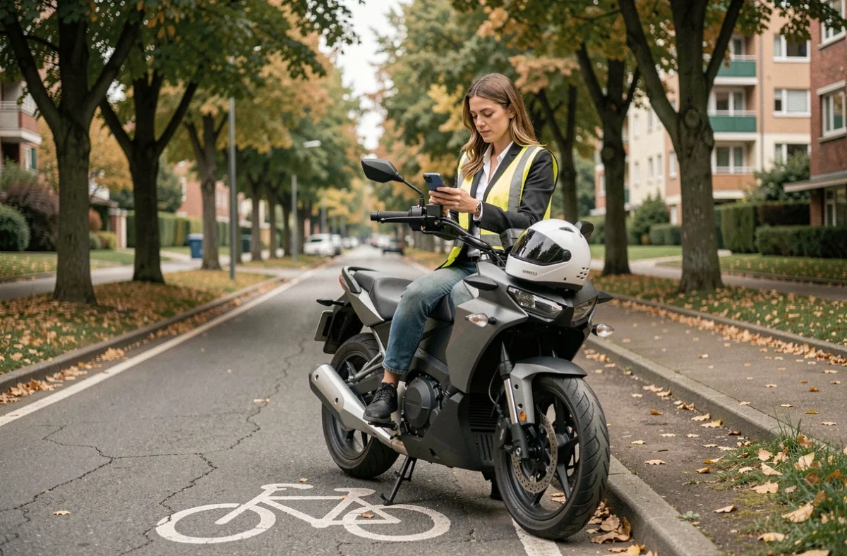 Femme consultant son téléphone à côté de sa moto électrique sur une piste cyclable urbaine