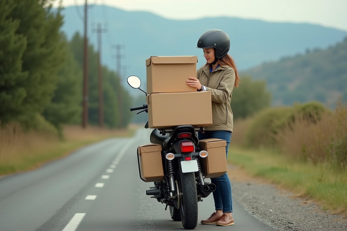 Jeune femme vérifiant ses cartons sur moto en campagne
