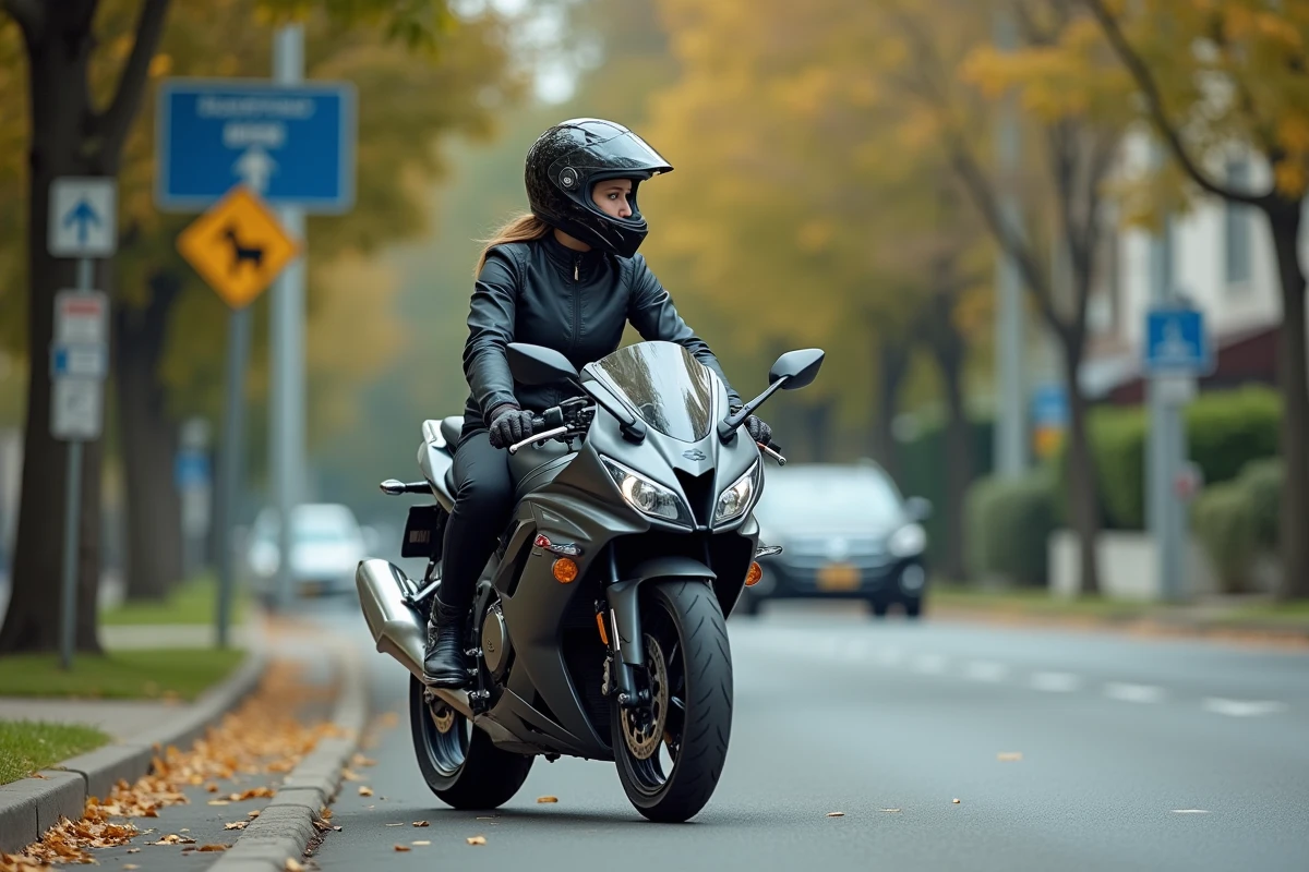 Femme motard en arrêt vérifiant la circulation