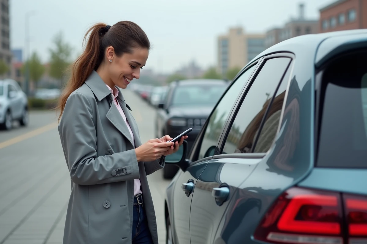 Jeune femme avec trench et voiture en ville