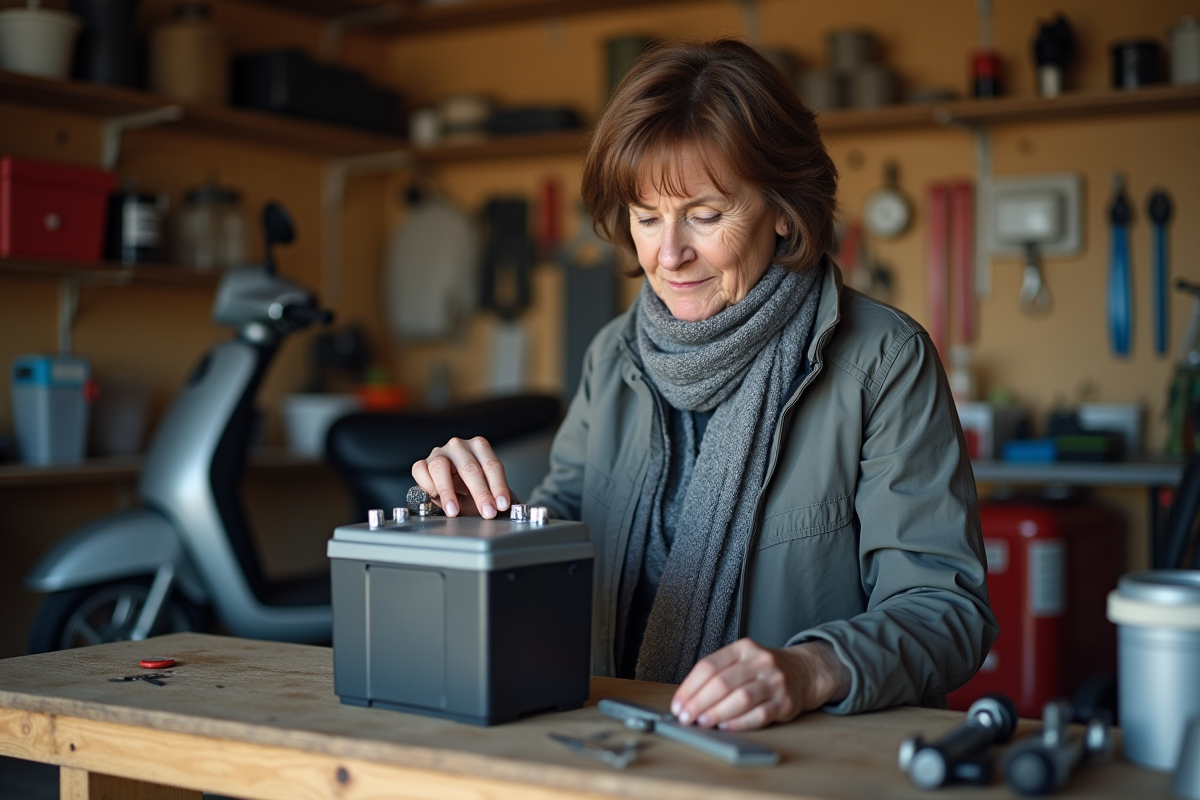 Femme préparant une batterie de scooter dans un garage