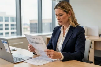 Femme professionnelle examinant un contrat d'assurance auto pro dans un bureau moderne