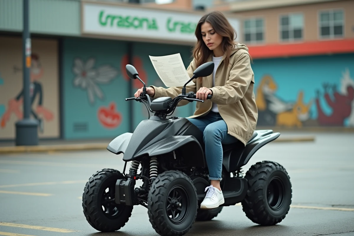 Femme vérifiant facture sur quad électrique en ville