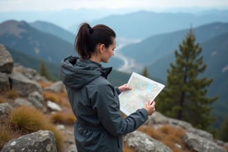 Femme randonneuse avec carte dans les montagnes de l'Oural