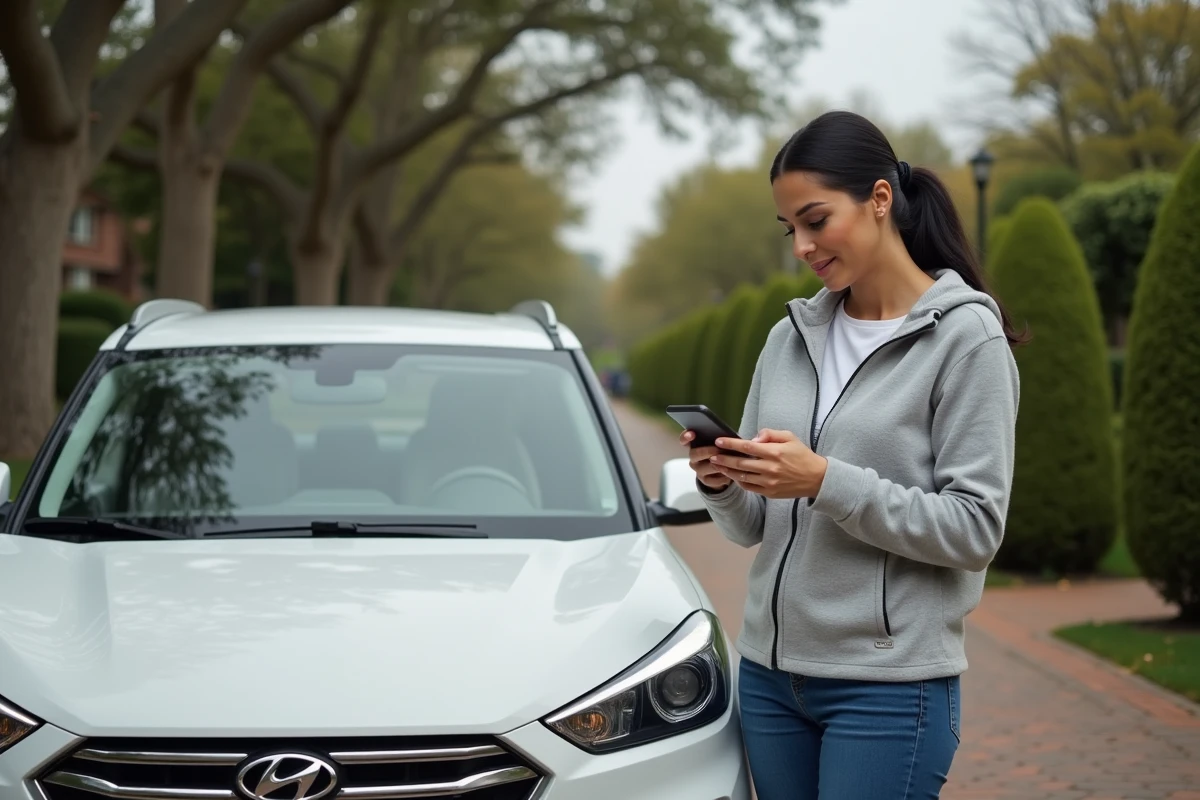 Femme consultant un rapport de fiabilité moteur pour un SUV familial dans une allée résidentielle