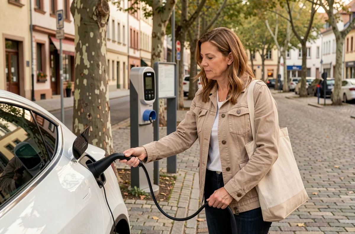Femme branchant un câble de recharge sur une voiture électrique dans un parking en centre-ville de Colmar