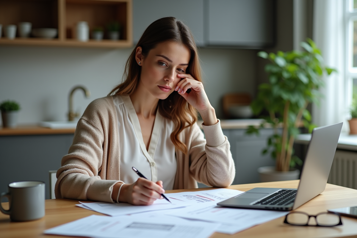 Femme remplissant des formulaires de remboursement à la maison