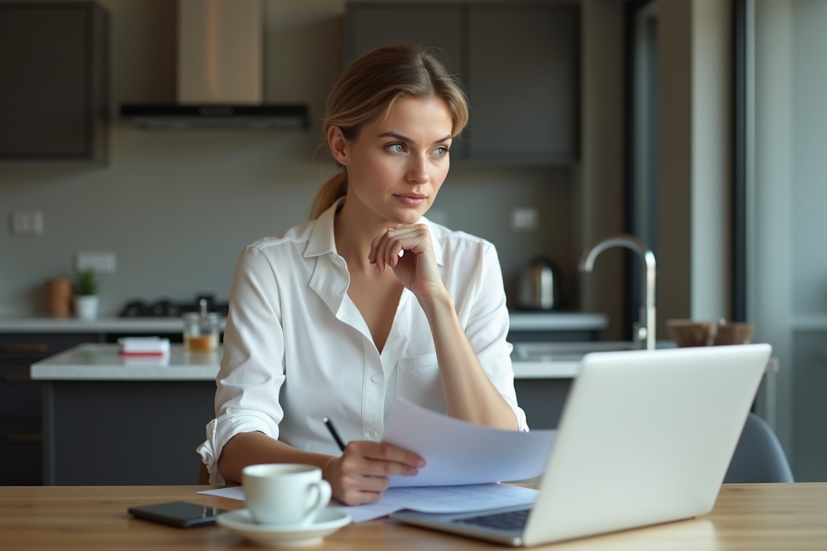 Femme réfléchie en train de revoir ses documents d'assurance voiture