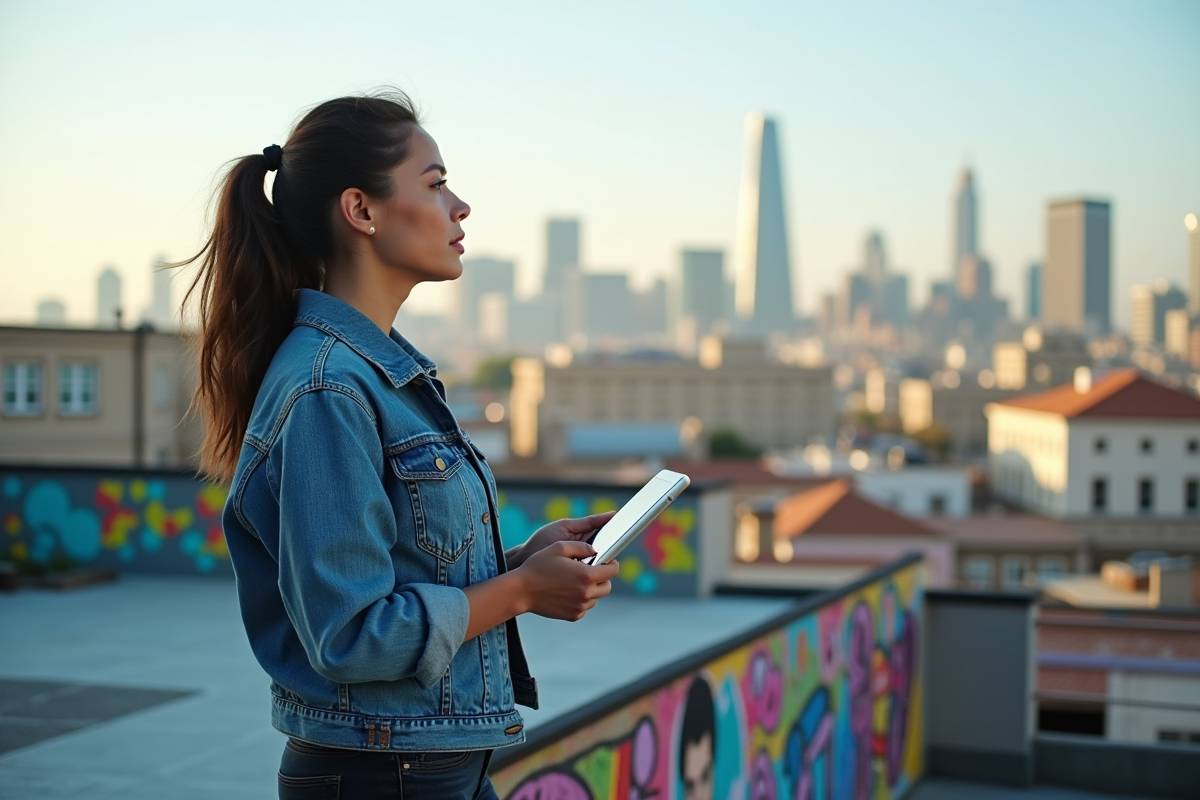 Femme confiante sur un rooftop urbain coloré
