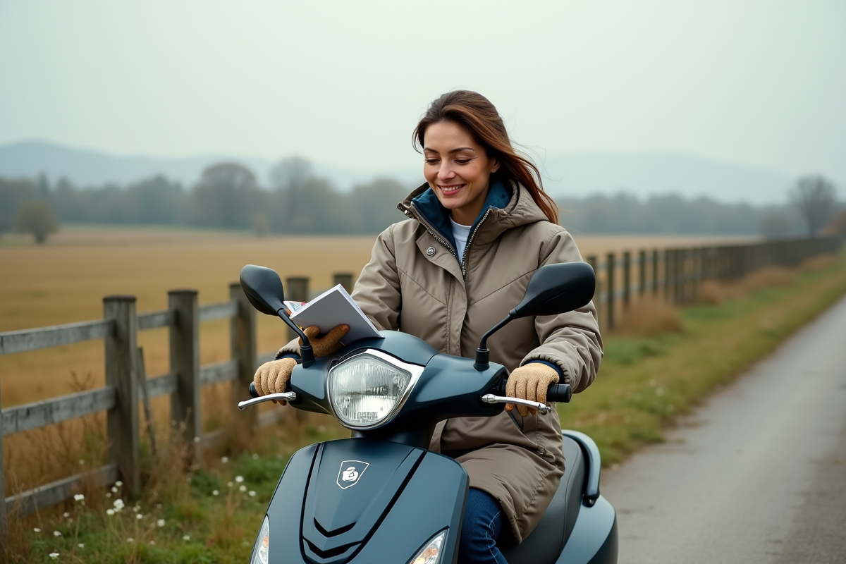 Femme consulte un carnet sur un scooter en campagne