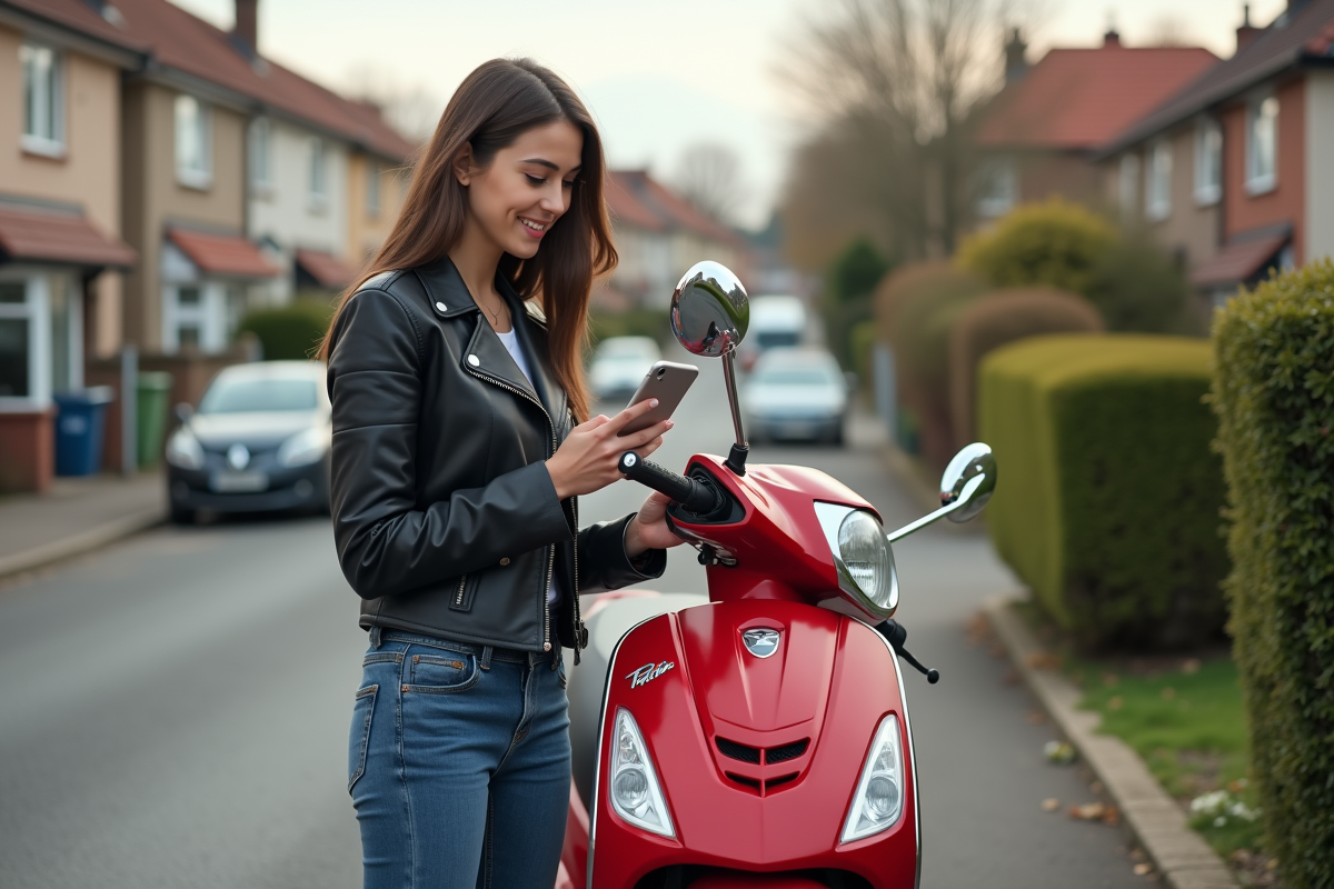 Femme avec scooter rouge vérifiant son permis avec son smartphone