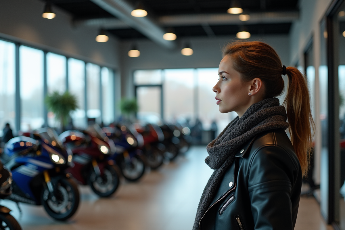 Jeune femme dans un showroom moto regardant une place vide