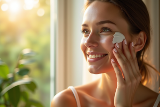Femme appliquant soin anti pollution au matin avec lumière naturelle